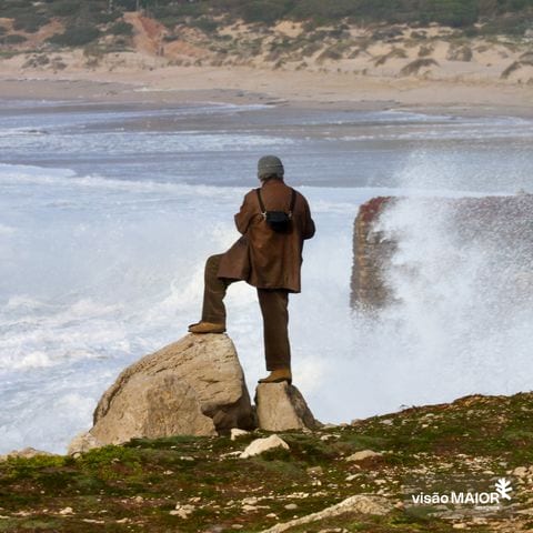 Um homem de costas a olhar para as ondas