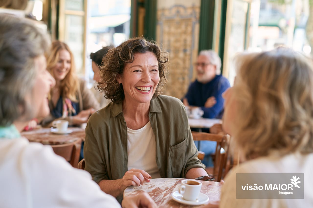 Imagem gerada com IA- Mulher alegre em convivio num café