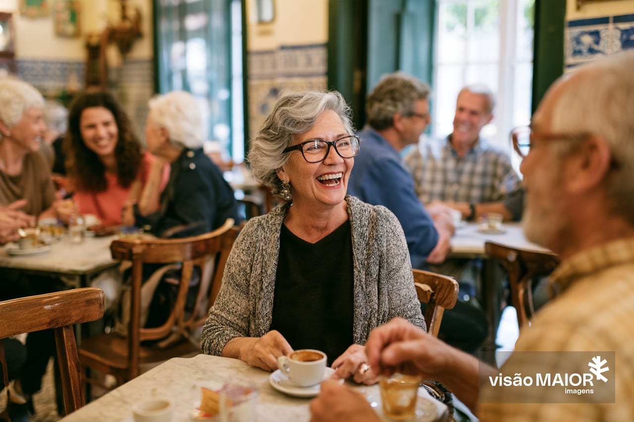 Imagem gerada com IA- Mulher em feliz convivio num café